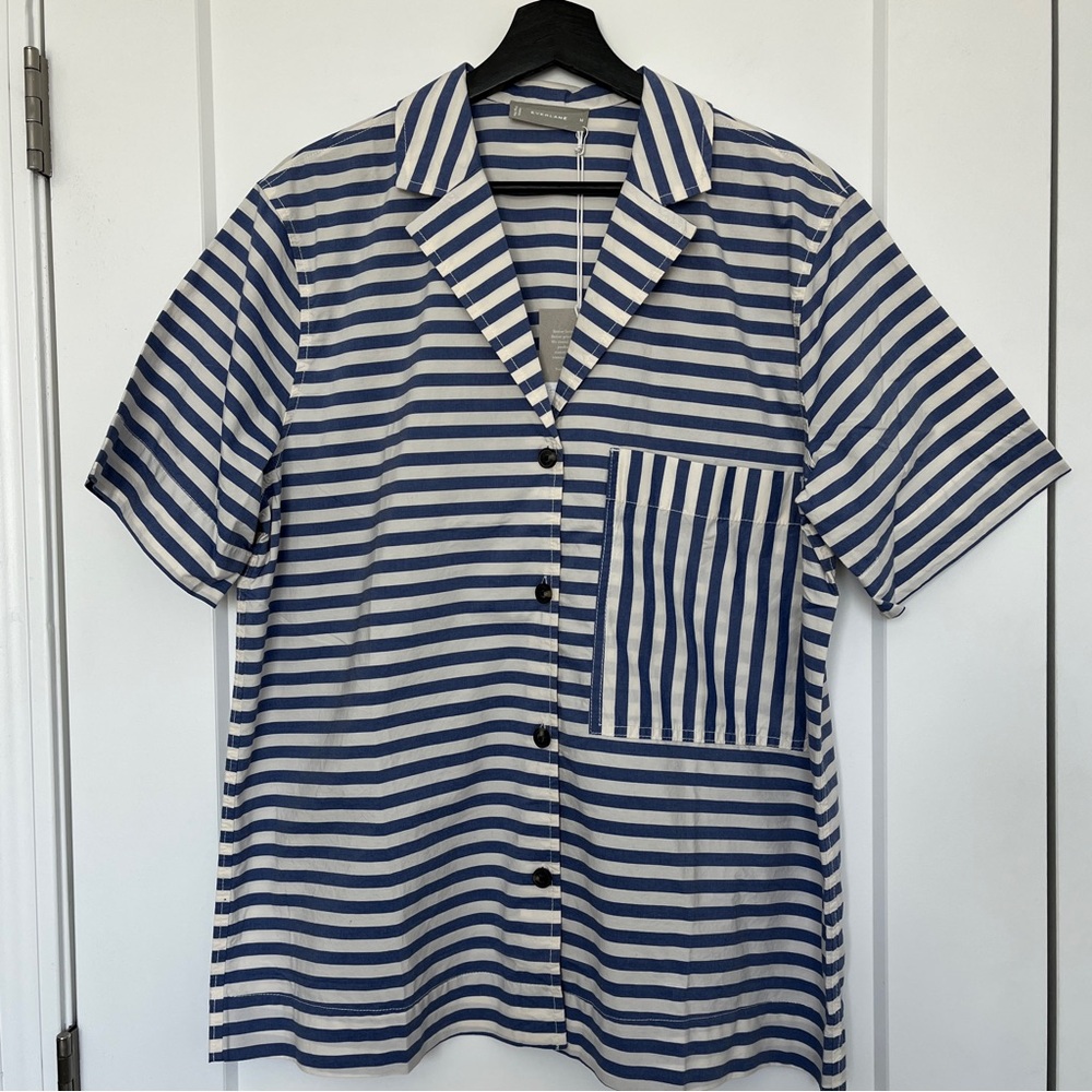 NWT Everlane Poplin Blue/White Stripe Short Sleeve Button Collared Camp Shirt M